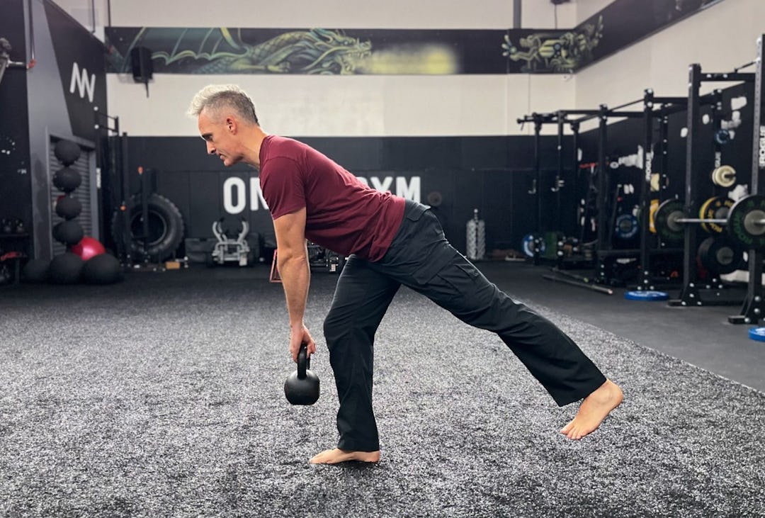 Shane Heins demonstrates the single-leg kettlebell deadlift.